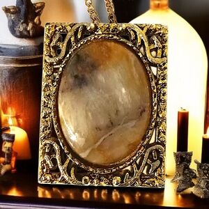 Vintage Jasper Agate Cabochon Brooch Pendant Gold Tone Filigree Large Victorian